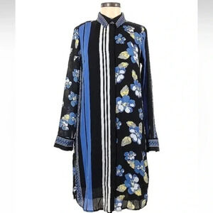 Lands’ End Blue Yellow Floral Long Sleeve Button Down Shirt Dress Size 6 Small
